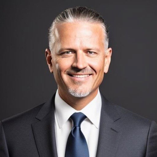 Smiling middle-aged man with gray hair in a slicked-back style, wearing a dark suit, white shirt, and navy tie, posing against a plain dark background.