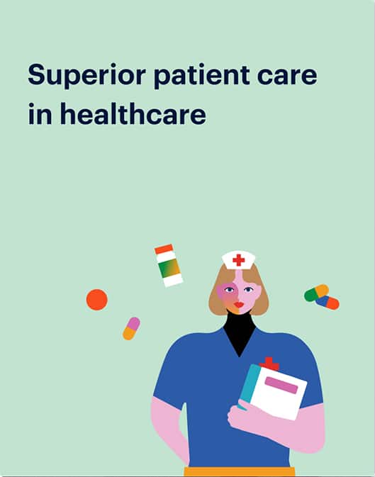 Illustration of a nurse holding a medical file, surrounded by scattered pills, with the text "Superior patient care in healthcare" above, highlighting the benefits of earned wage access for healthcare professionals.