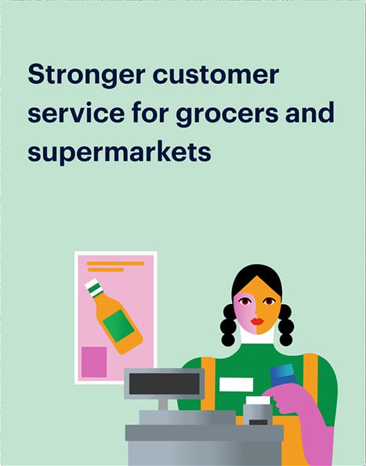 Illustration of a grocery store cashier holding a product, with text reading “Stronger customer service and earned wage access for grocers and supermarkets” above.