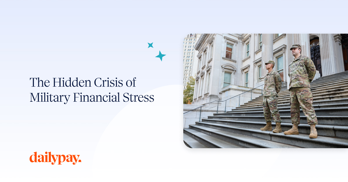 Two military personnel in uniform stand on the steps of a government building; text reads “The Hidden Crisis of Military Financial Stress.”.