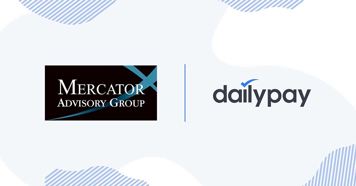 Logos of Mercator Advisory Group and DailyPay are displayed side by side on a white background with blue wave patterns. Mercator's logo features white and teal text on a black background, while DailyPay, known for its earned wage access solutions, has a logo in gray and blue.