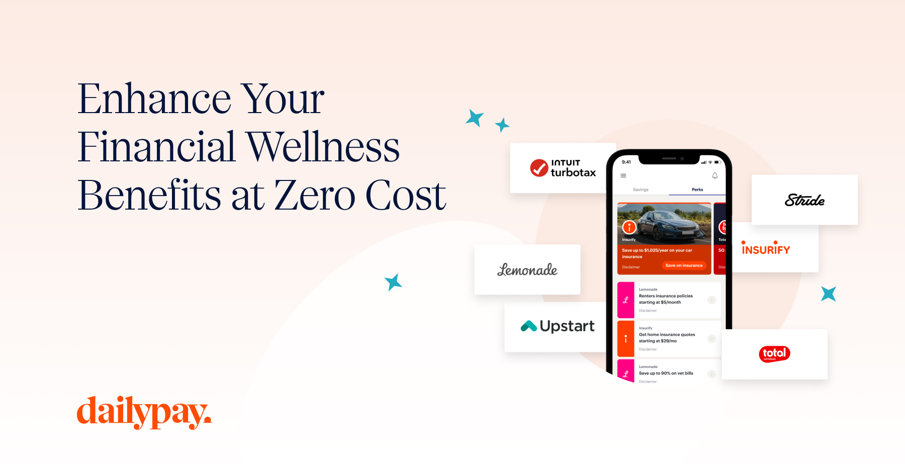 Smartphone displaying finance-related apps; text reads "Enhance Your Financial Wellness Benefits at Zero Cost" with company logos including Intuit TurboTax, Insurify, Lemonade, Upstart, and more.