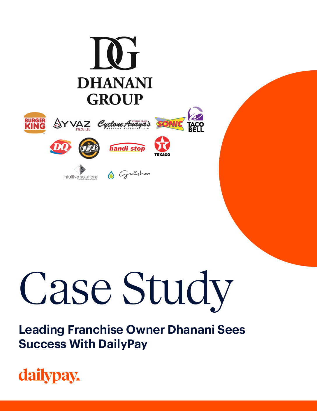 Case study cover featuring Dhanani Group logo, franchise logos (including Burger King and Taco Bell), and headline about franchise success with DailyPay.
