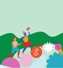Two colorful, abstract figures are climbing over oversized, stylized dollar symbols and shapes on a green and blue background. One holds a red flag while the other follows closely.