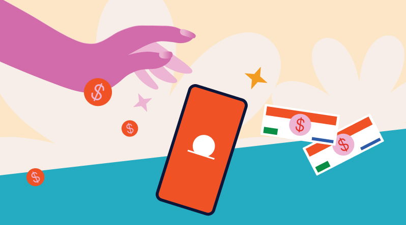 Illustration of a hand dropping coins, a smartphone with a notification symbol, and currency notes on a colorful background.