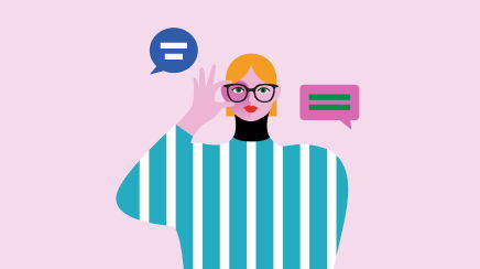 Illustration of a person with blonde hair in a striped shirt, glasses, and holding one hand up. Two speech bubbles with equal signs appear near the head. Background is pink.