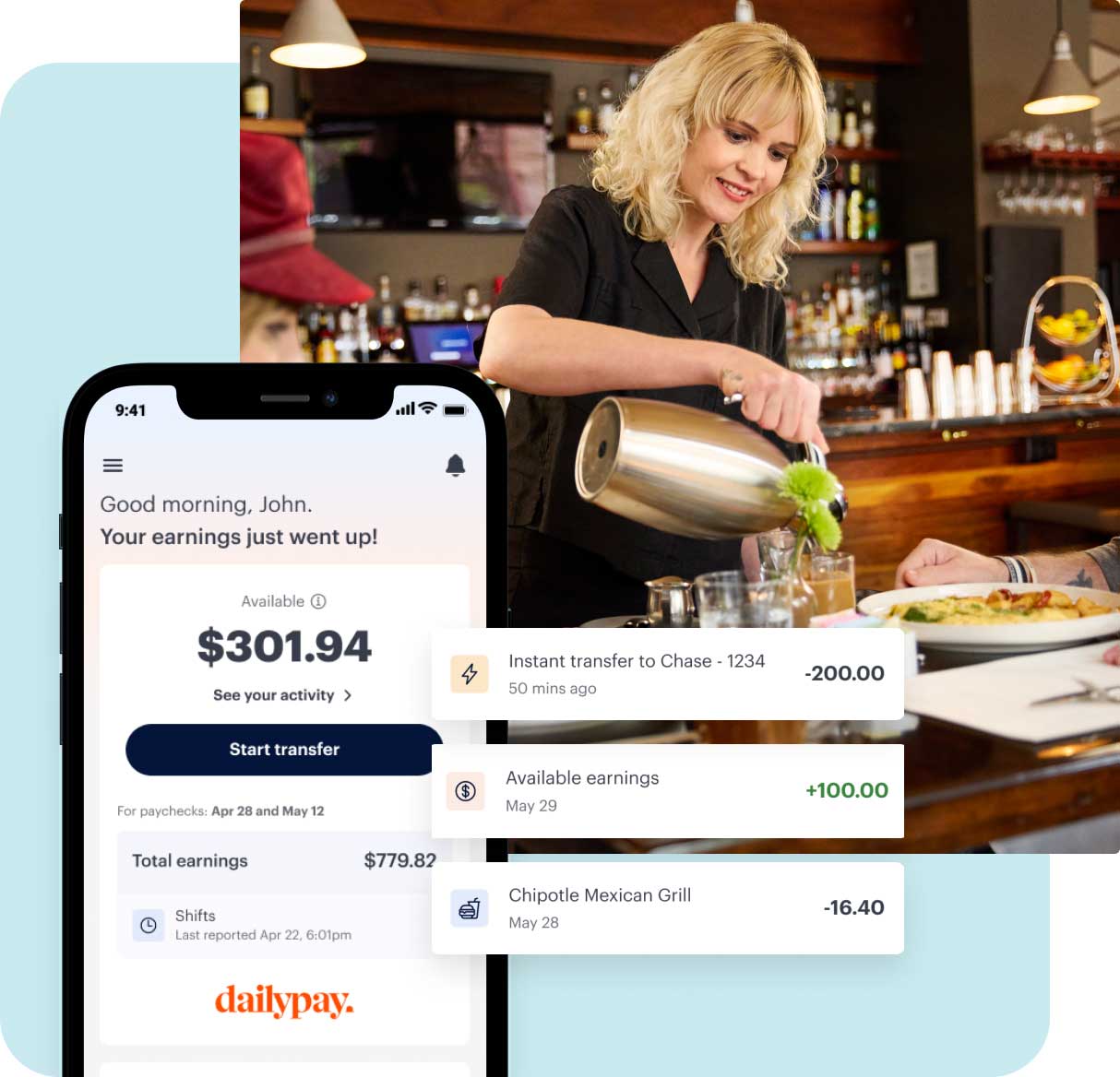 A smiling blonde woman pours a drink in a bar. In the foreground, a smartphone screen displays a financial app with earnings and transaction details.
