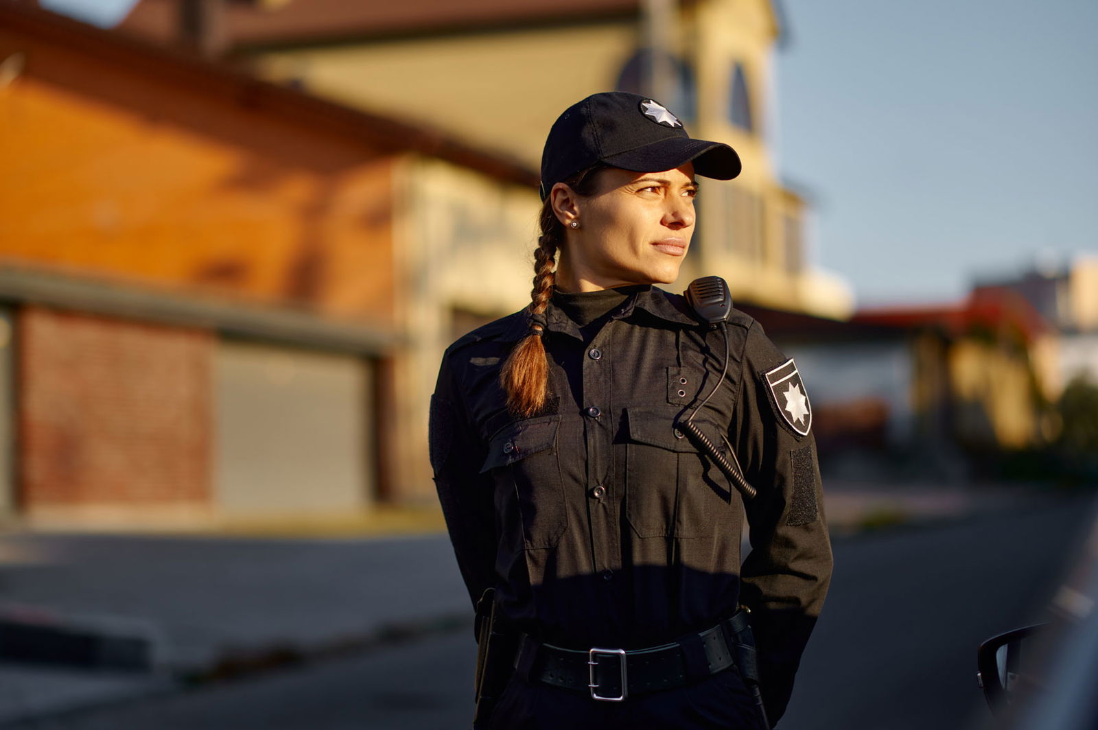 Person in a black police uniform stands on a street with buildings in the background, looking to the right.