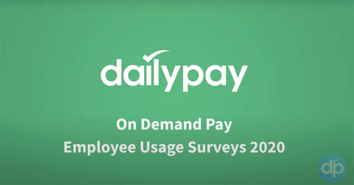 Green background with white text that reads "dailypay" at the top, followed by "On Demand Pay Employee Usage Surveys 2020." A small circular logo bearing the letters "dp" is present in the bottom right corner.
