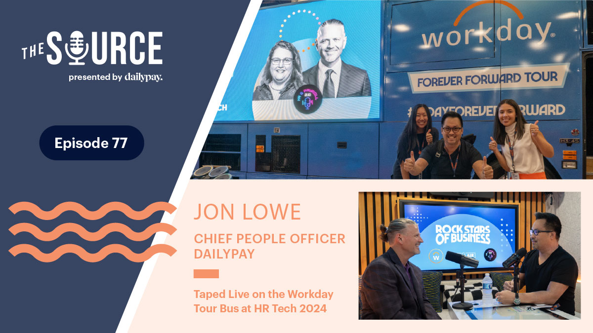 A podcast episode features Jon Lowe at the HR Tech 2024. Includes a tour bus backdrop with "Workday" branding and photos of the event with attendees.