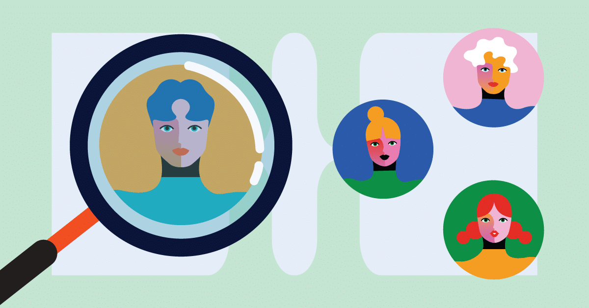 Illustration showing a magnifying glass over a stylized person in a notebook, with three other faces in circles nearby.