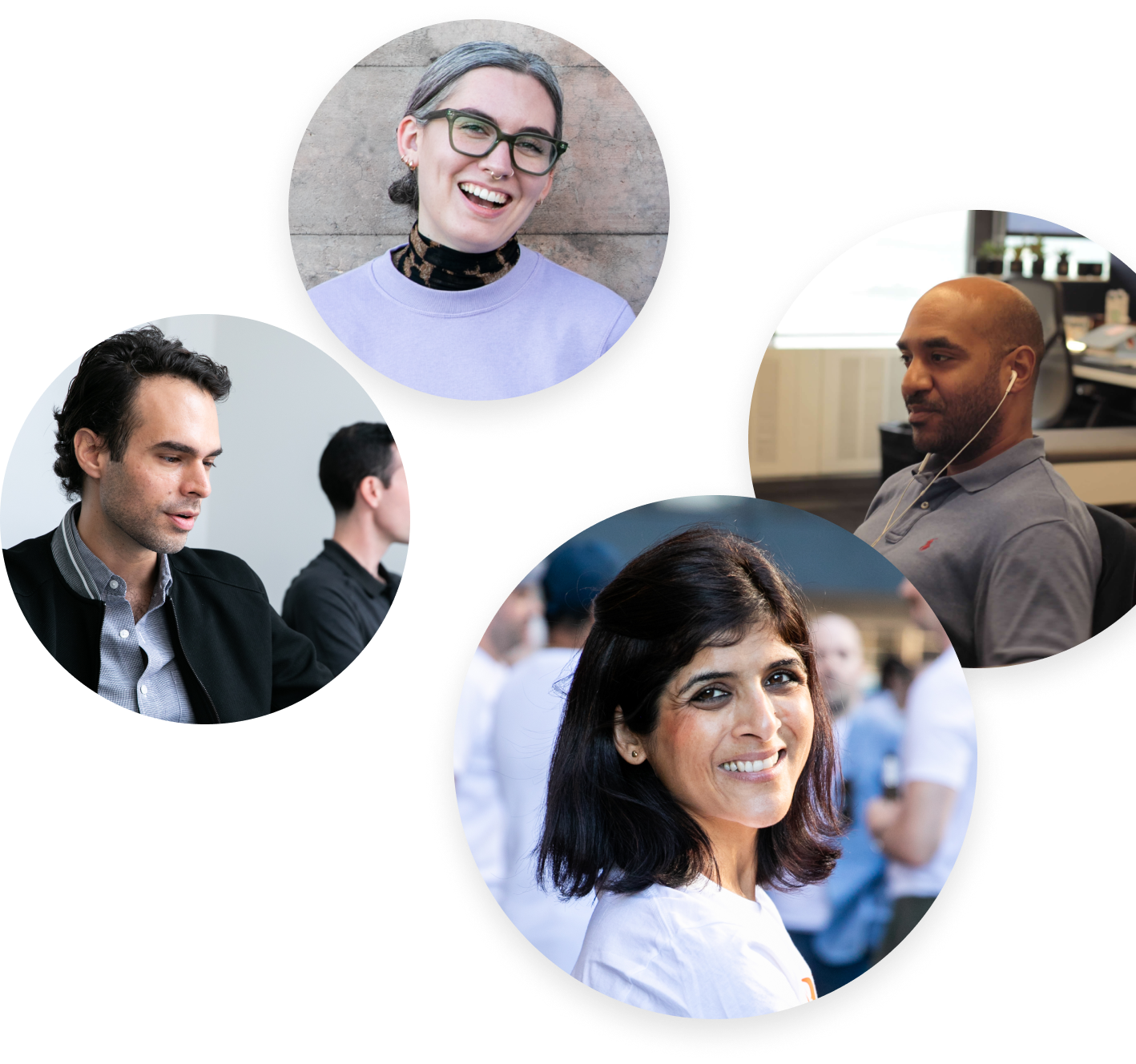 Four people are shown in separate circular photos. They include two women and two men, all smiling or in thoughtful poses. The background features office settings and a casual outdoor scene.