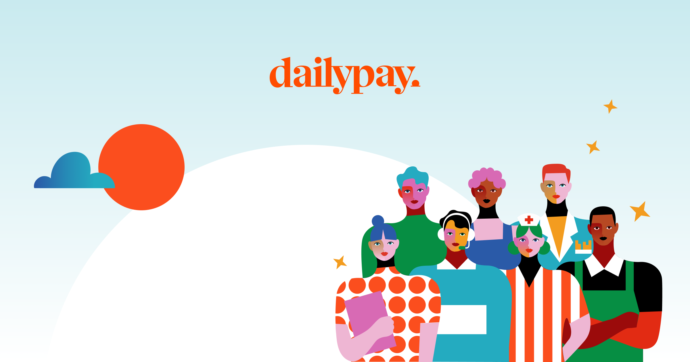 Illustration of diverse professionals standing together under a sky with clouds and an orange sun, with the "dailypay" logo above them in orange text.