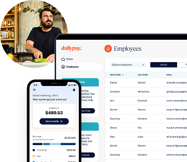 A man chops food in a kitchen; in the foreground, a smartphone and laptop display employee payroll and earnings information.