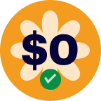 A dollar sign and zero in bold text are displayed over a stylized flower with an orange background and a green check mark below.