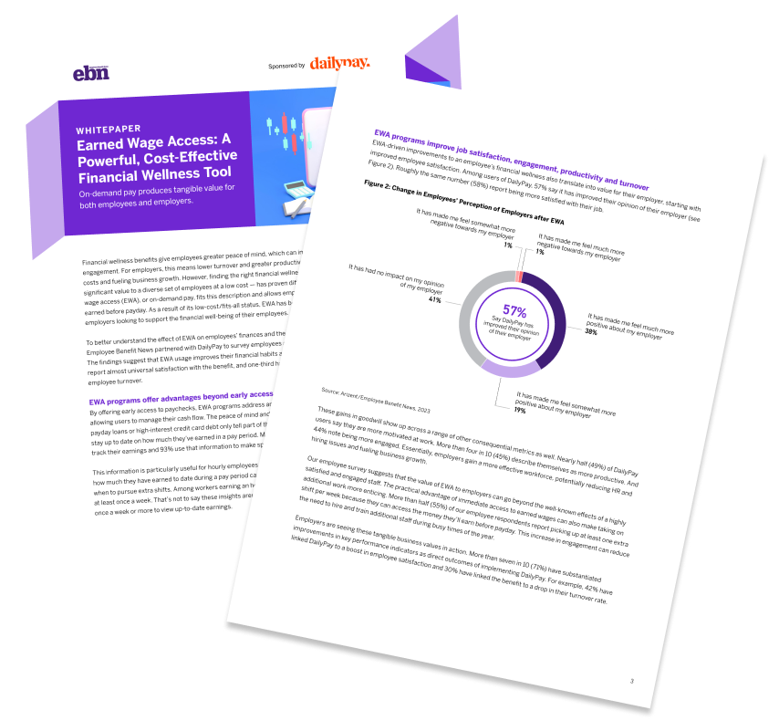 Image of two overlapping pages from a whitepaper titled "Earned Wage Access: A Powerful, Cost-Effective Financial Wellness Tool," discussing financial benefits and including a pie chart showing employee satisfaction data.