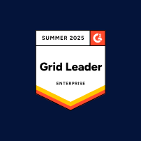 A badge labeled "SUMMER 2025 G2 Grid Leader ENTERPRISE" with a navy blue background and red, yellow, and orange accents.