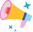 Illustration of a yellow and pink megaphone with blue accents, surrounded by three blue stars on a light background.