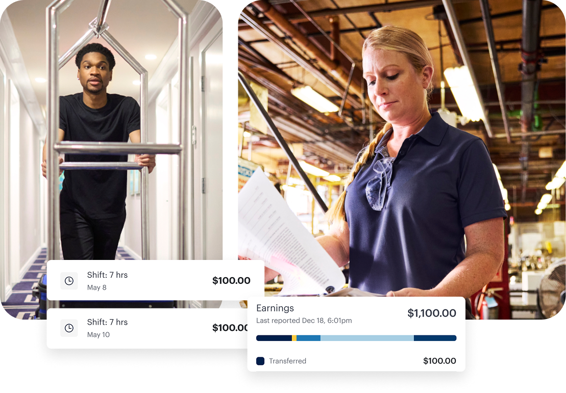 A man walks on a treadmill and a woman reviews documents at work; overlay shows shift hours, pay amounts, and total earnings.