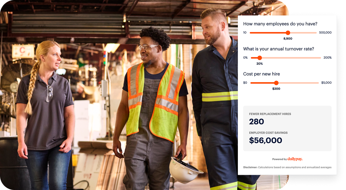Three workers in safety gear talk inside a factory. An overlay shows a calculator estimating employee replacement costs and savings, with figures for hires and employer cost savings.