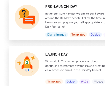 Preview of a digital interface showing sections for "Pre-Launch Day" and "Launch Day" with icons, brief descriptions, and labeled resource buttons such as Templates, Guides, and Digital Images.