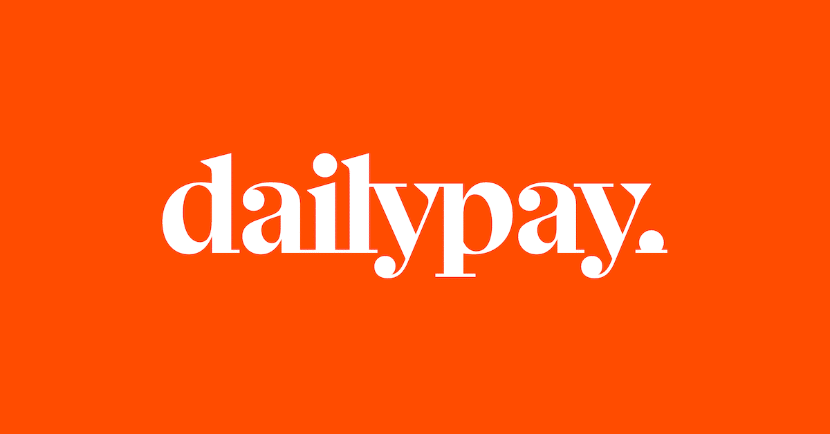 The image features the word "dailypay." in a bold, white serif font centered against a bright orange background. The text is in lowercase letters with a period at the end, creating a simple and striking visual design.