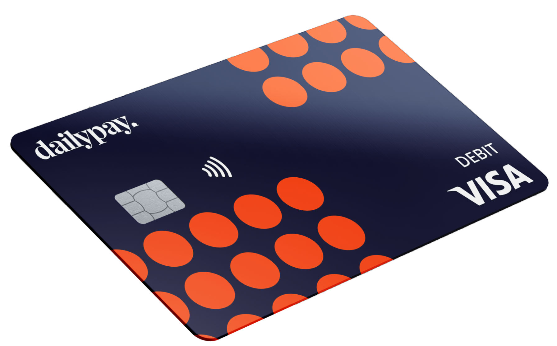 A navy blue Visa debit card with orange dots, a contactless symbol, and the DailyPay logo in the top left corner.