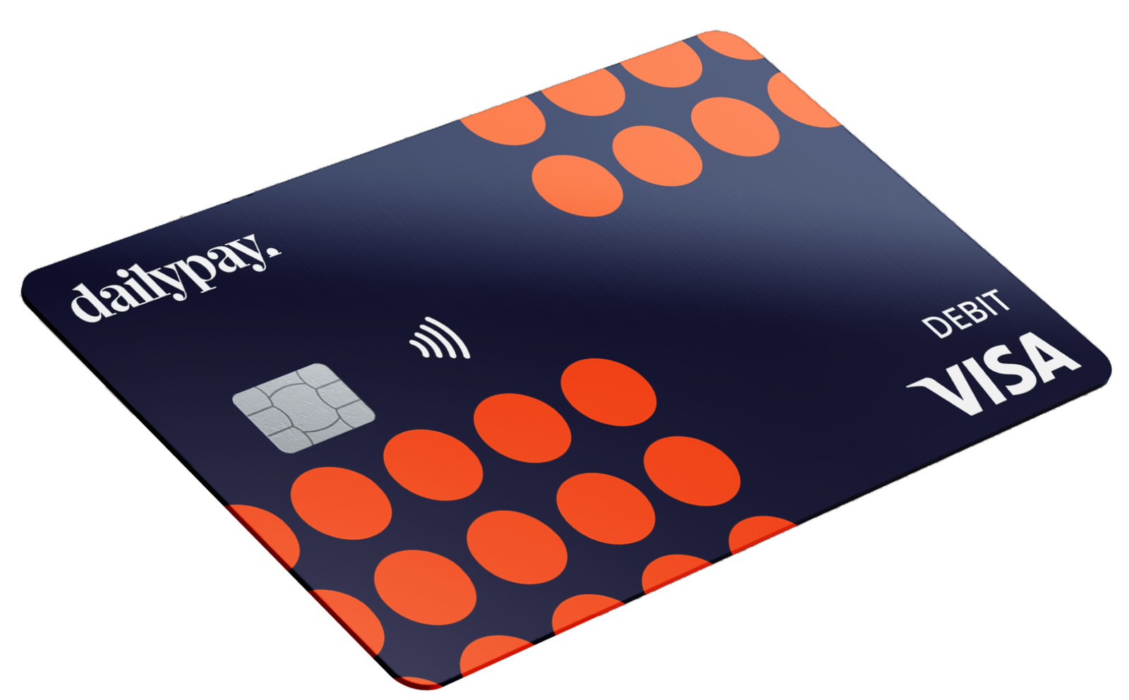 A navy blue Visa debit card with orange dots, a contactless symbol, and the DailyPay logo in the top left corner.