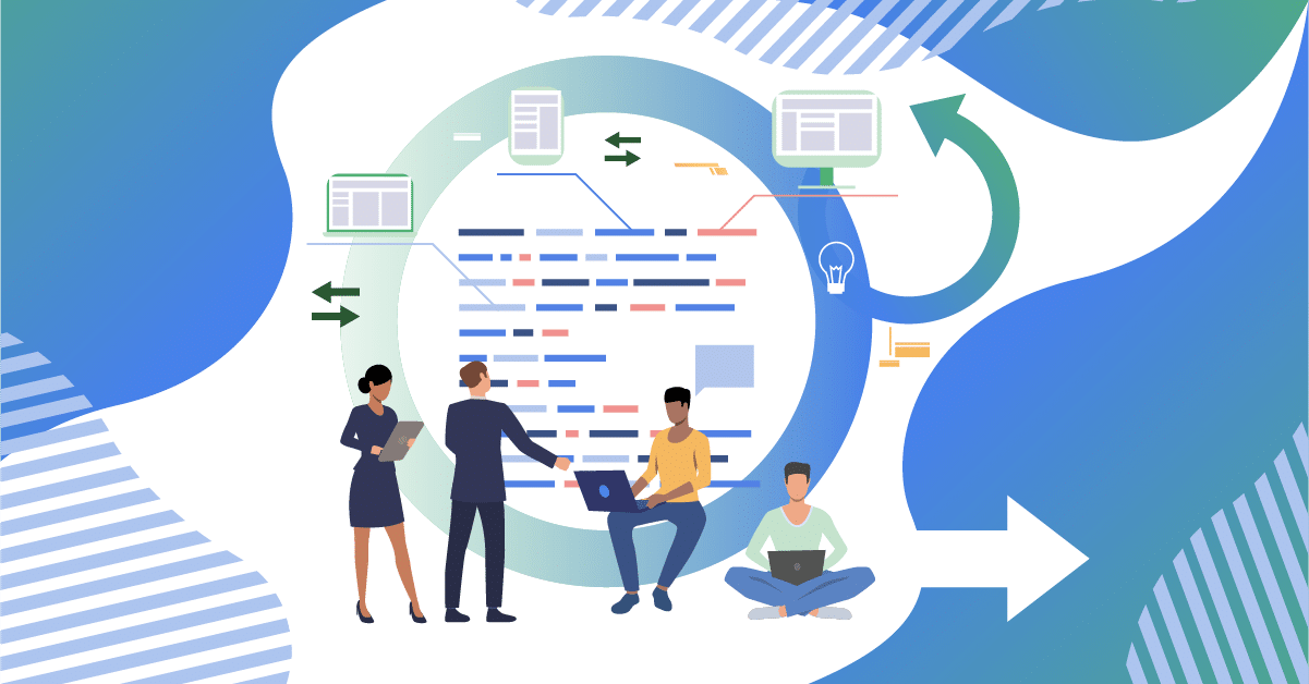 Illustration of four people collaborating on technology-related tasks. Two stand near a computer code diagram, one sits cross-legged with a laptop, and another uses a laptop at a desk discussing on demand pay solutions.