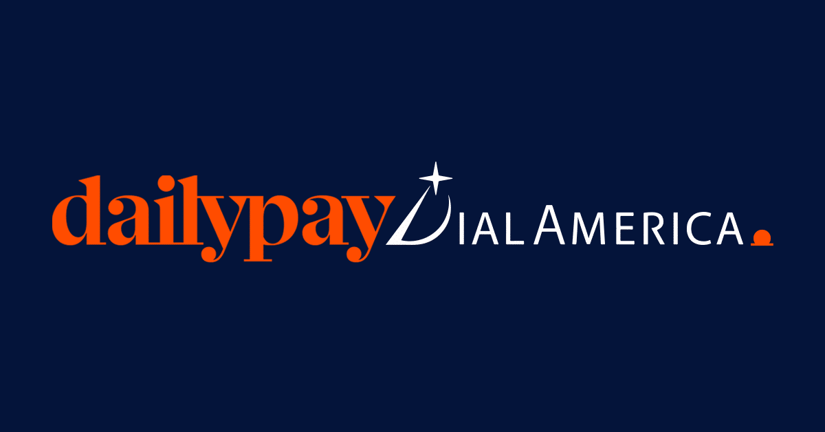 The image displays a logo on a dark blue background. The left side features the word "dailypay" in bold orange lowercase letters, while the right side shows "DIALAMERICA" in uppercase white letters. A star on a curved line replaces the "A" in "DIALAMERICA," and an orange dot follows it.