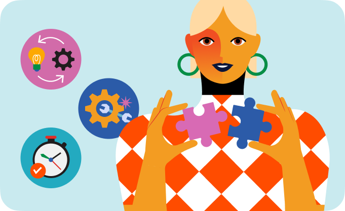 A person with a red-and-white checkered shirt holds two puzzle pieces in front of circular icons representing ideas, gears, and a clock.