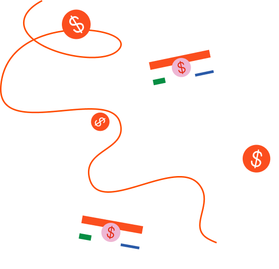 Illustration of dollar signs and currency notes connected by curved orange lines on a black background.