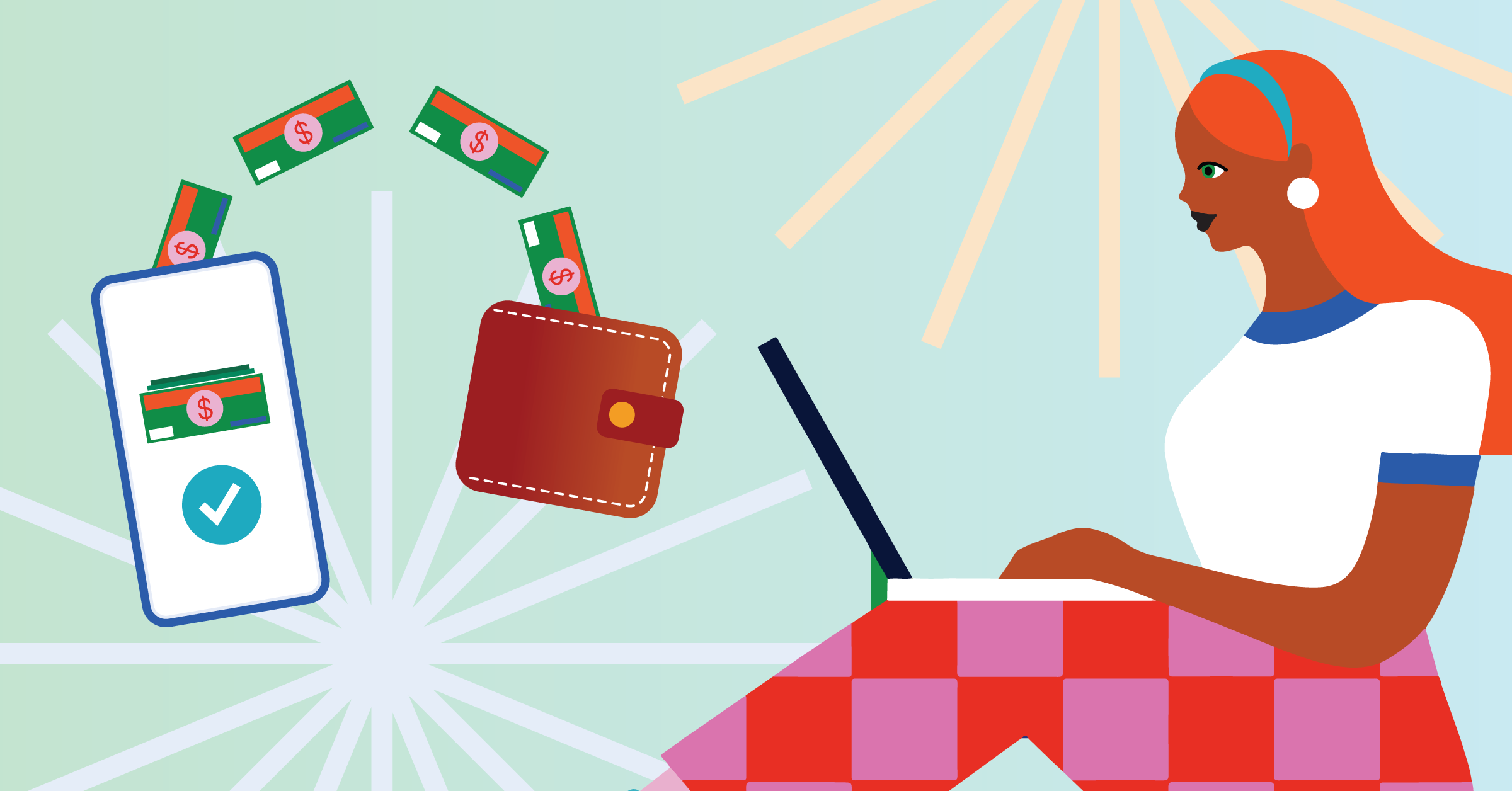 Illustration of a person using a laptop, with icons of a smartphone, wallet, and money, suggesting online transactions or digital payments.