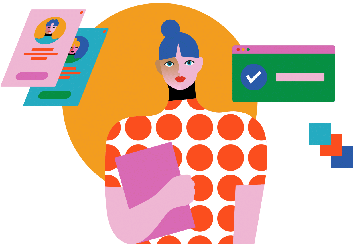 Illustration of a person with blue hair holding a folder, surrounded by digital forms and a checkmark in a browser window, with a circular orange background and colorful squares.