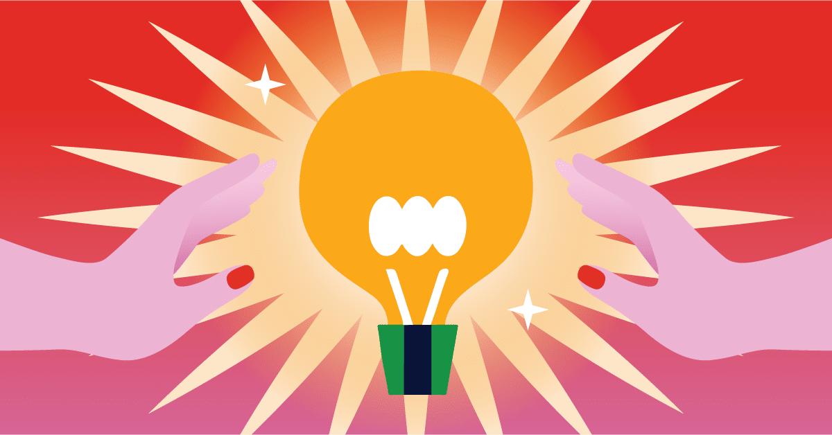 Illustration of two hands surrounding a glowing light bulb, set against a vibrant red background with star-like highlights.