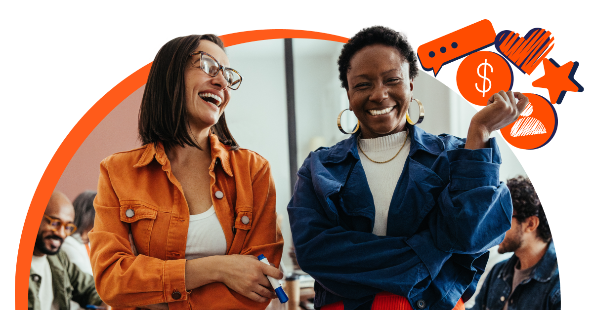 Two people standing and smiling in a casual office setting, with abstract orange icons of speech bubbles, a dollar sign, and hearts in the corner.