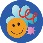 A yellow smiley face with blue and red abstract shapes behind it, set on a blue circular background.