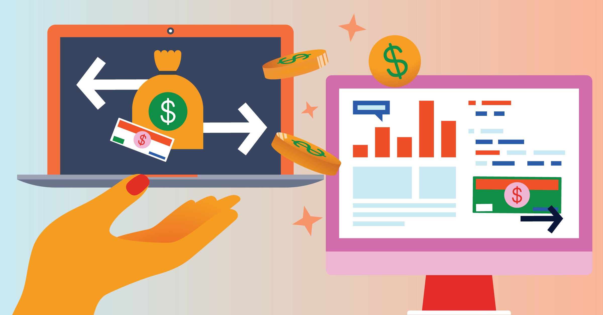 Illustration of online financial transactions. On the left, a hand holds a laptop with money symbols. On the right, a desktop monitor displays charts and banking details.