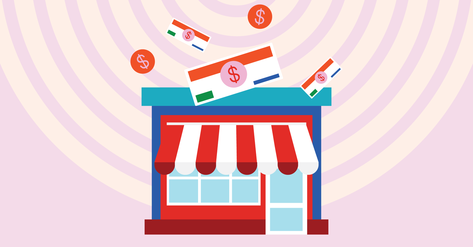 Illustration of a store with a striped awning, surrounded by floating currency notes and coins, symbolizing financial transactions or revenue.