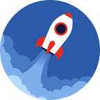 Illustration of a red and white rocket launching into the sky, leaving behind clouds of smoke against a blue circular background.