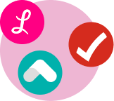 Three colorful icons on a pink circle: a pink circle with a cursive "L," a teal circle with a white geometric shape, and a red circle with a white check mark.