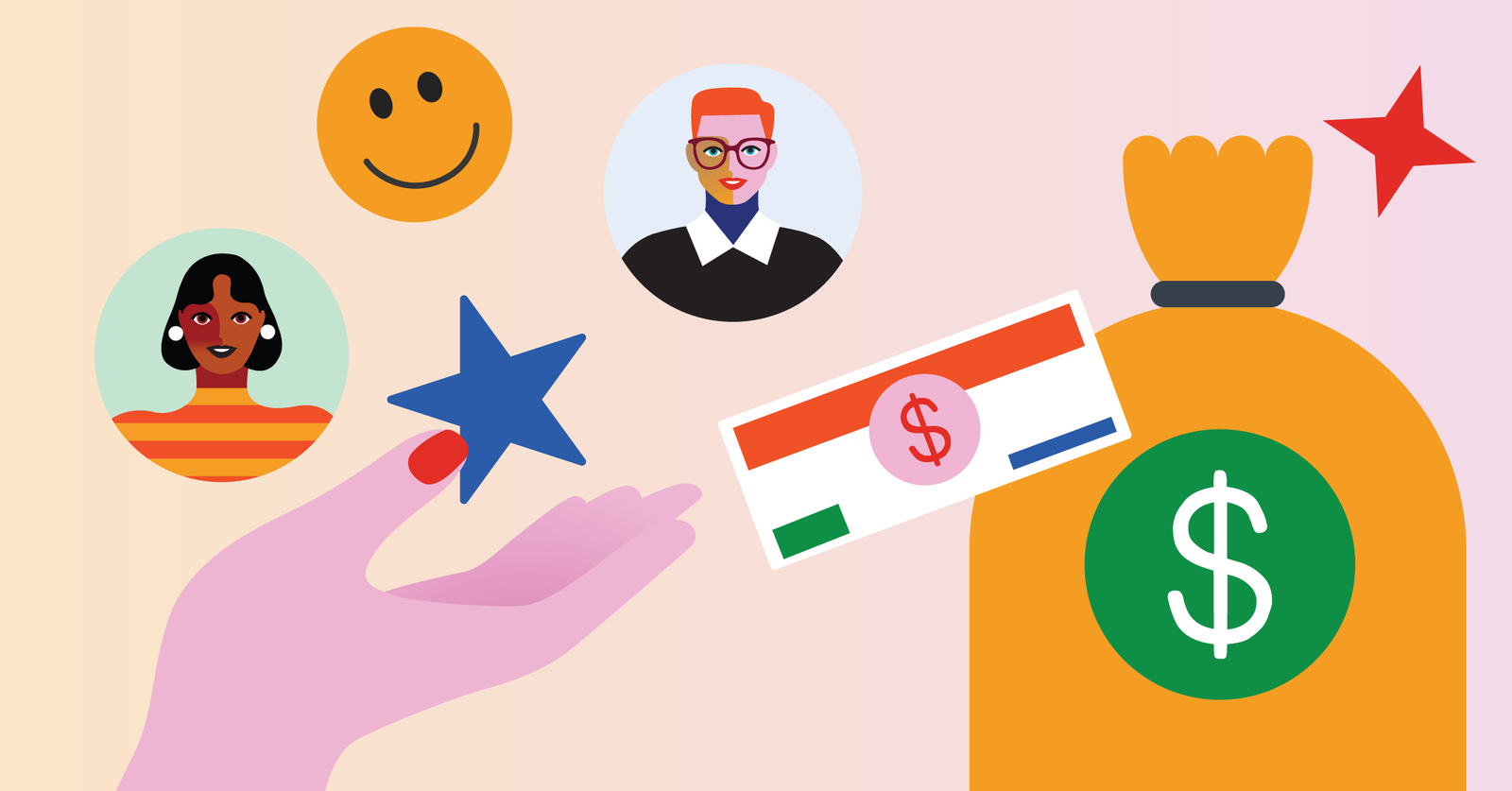 Illustration featuring diverse avatars, a hand holding a star, a smiley face, a currency note, and a large money bag with a dollar sign.