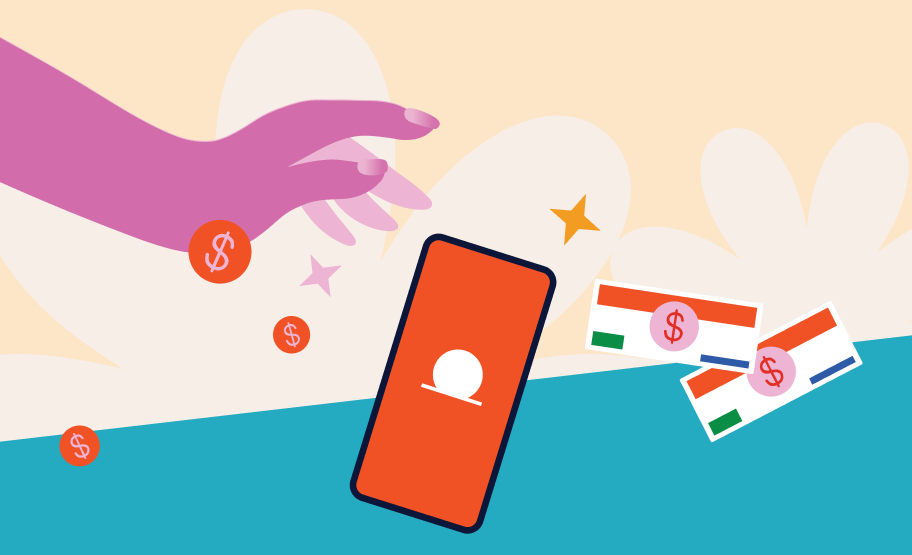 Illustration of a purple hand reaching for a smartphone with a money symbol, surrounded by dollar coins and bills featuring the Indian flag.