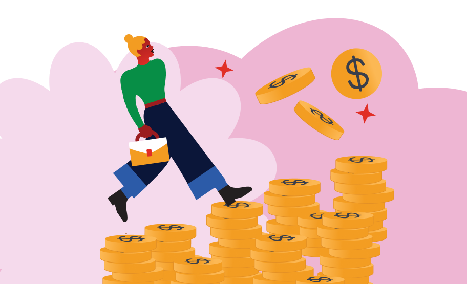 A person carrying a briefcase walks up a staircase made of coins with dollar signs, against a pink background with clouds.