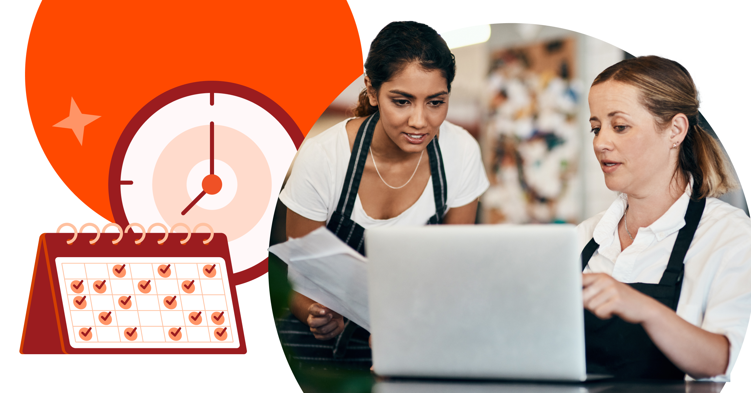 Two women in aprons look at a laptop together, with an illustrated calendar and clock in the background, suggesting scheduling or time management.