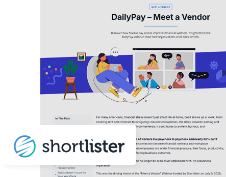 Screenshot of a webpage titled "DailyPay – Meet a Vendor," featuring an illustration of people in a virtual meeting and the Shortlister logo in the foreground.