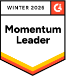 Badged banner reading "Winter 2026 G2 Momentum Leader" with a red G2 logo and a border in yellow, orange, and red at the bottom.