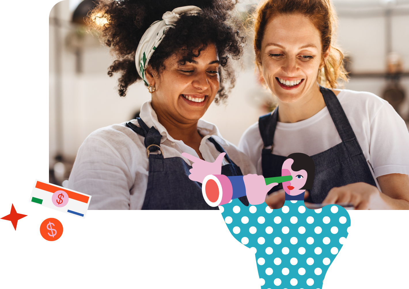 Two smiling women wearing aprons look at a smartphone together. Cartoon elements, such as a hand holding a megaphone and monetary symbols, are overlaid on the image.