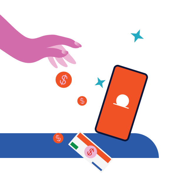 Illustration of a hand dropping coins towards a smartphone and a credit card on a table, representing mobile payments.