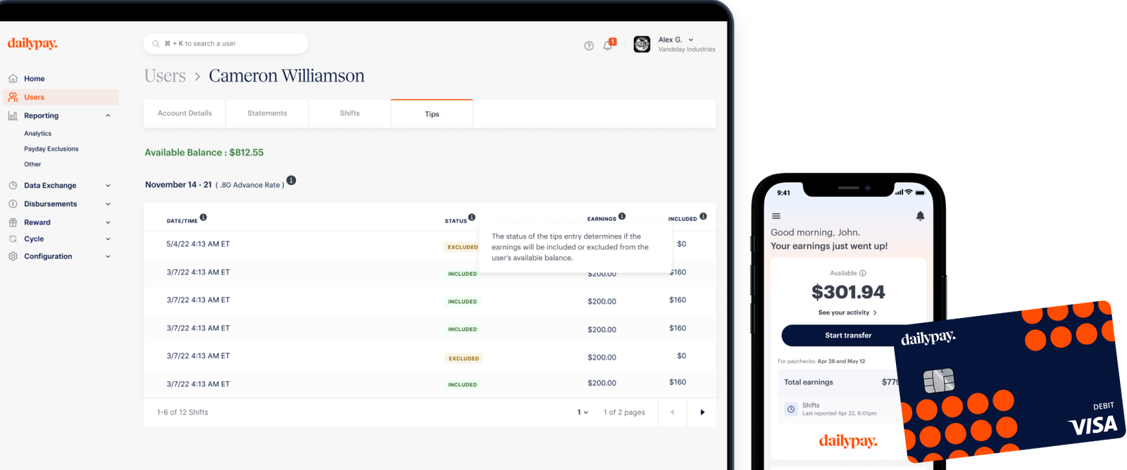 A banking dashboard shows account balance and transaction details on a desktop monitor. Nearby, a phone displays a balance and a debit card is positioned beside it.